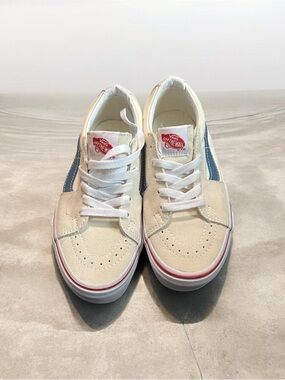 Vans Low Top Sneakers in Cream with Blue Stripe and Red Tongue Logo